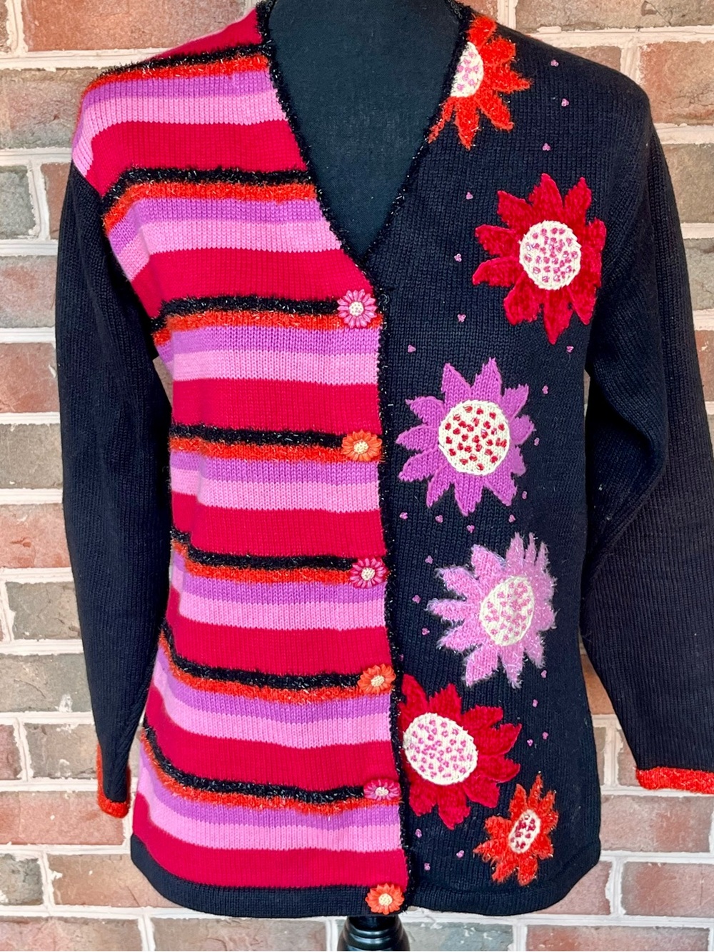 Vtg Storybook Knits Bright Daisy Cardigan Sweater S 90s Whimsigoth Floral Beaded - Picture 13 of 17